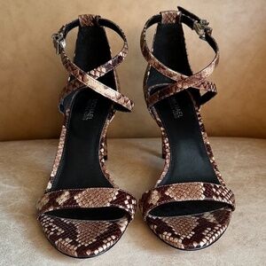 MICHAEL Michael Kors Ava Mid-Heel Leather Snakeskin Sandals Truffle Size…